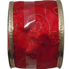 Holiday Inspirations Ribbon Red 3.75in 50ft Wired Glitter Swirl Gold Trim Craft