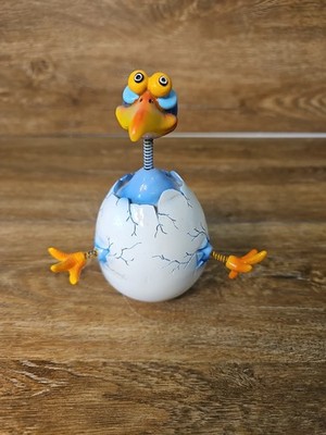 Exhart Blue Bird Hatchling Chicken Spring Neck and Legs Hand Painted Bobblehead