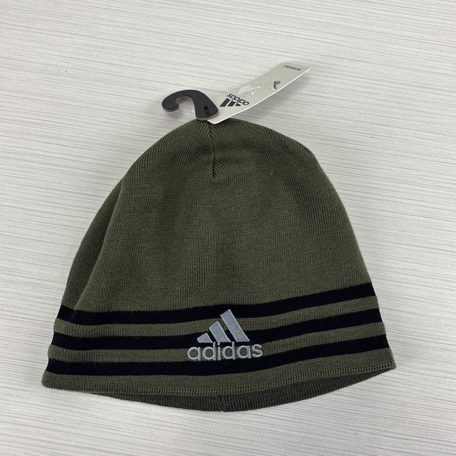 Adidas Mens Beanie Olive Green Hat Eclipse Reversible 3 Striped Beanie Cap NWT