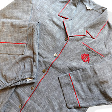 VTG Christian Dior Pajama Set M Japan Licensed Plaid Red Satin Piping Logo Crest