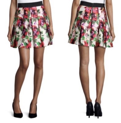 Milly Vibrant Floral-Print Pleated A-Line High Waist Skirt Italian Fabric Sz 4