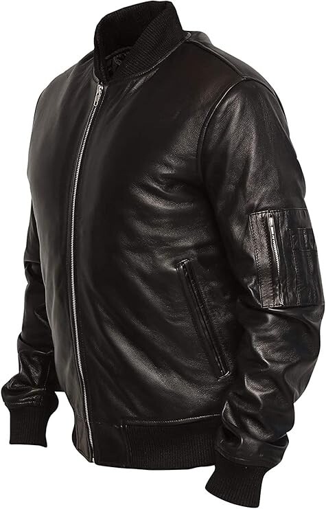 Men American Navy MA-1 Aviator Black Bomber Real Leather MA1