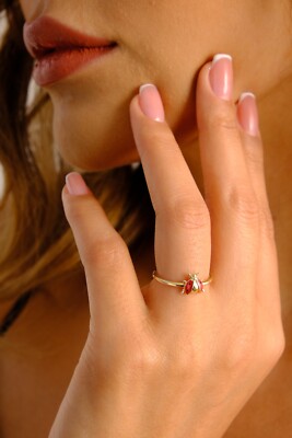 14K Gold Ladybug Ring, Ladybird Band Ring, Good Luck Charm Ring, Gold Dainty