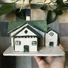 Antique Hand Made Folk Art House With Mika Glitter