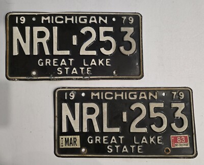 1979 Michigan License Plate NRL-253 Great Lake State Set Pair