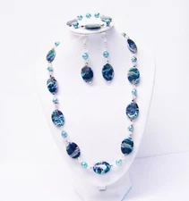 Green/Black Glazed Oval Shell w/Natural Lava Coated Bead Necklace/Bracelet/Earri