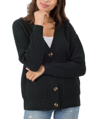 MSRP $25 Zenana Black Waffle-Knit Button-Front V-Neck Cardigan Black Size Medium | eBay