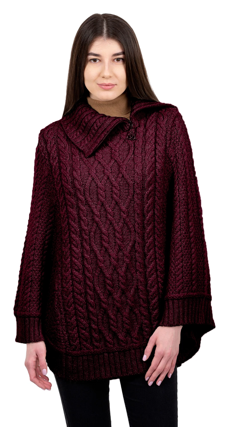SAOL 100% Merino Wool Aran Irish Cable Knit Cowl Neck Poncho, Celtic Zip Cape