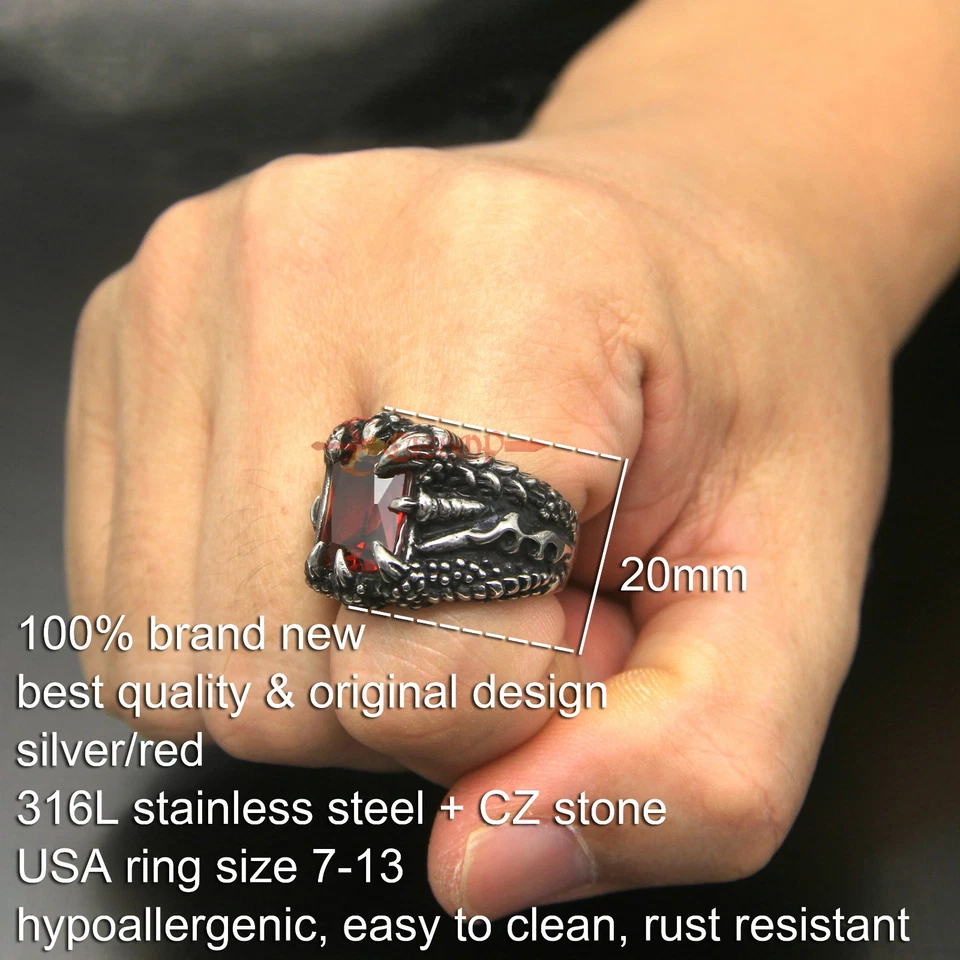 Anillo de motociclista retro para hombre garra de dragón circonita cúbica roja versión de la mejor calidad Foto 2 de 4