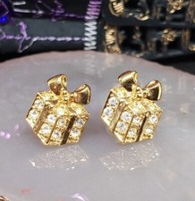 Vintage AVON Sparkling Package Gold Tone Rhinestone Christmas Present Earrings
