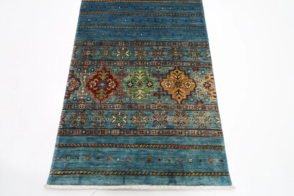 10 ft Hallway Turquoise Runner Rug Afghan Hand Knotted Veg Dye Wool Bedroom Rug - Image 3 of 4