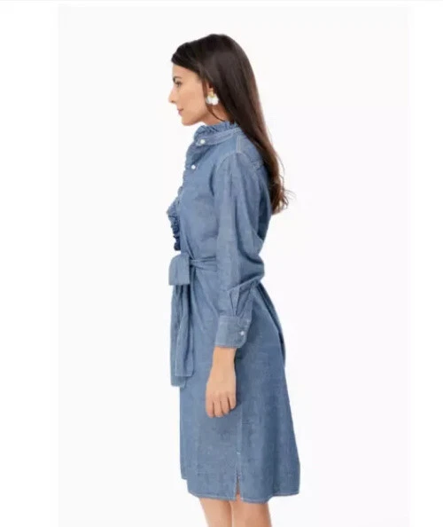 TORY BURCH DENEUVE DENIM SHIRTDRESS IN CHAMBRAY NWT $398 Ruffle 100% Cotton S