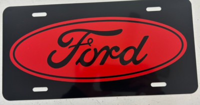Black aluminum license plate tag bright red Ford logo