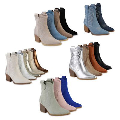 Damen Stiefeletten Cowboy Boots Trichterabsatz Stickereien Schuhe 837779 Schuhe