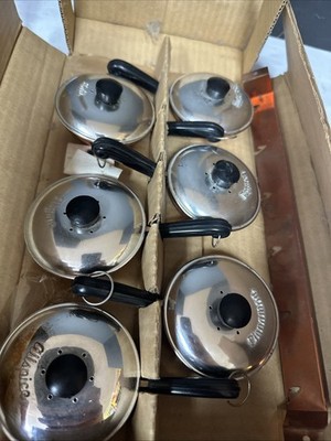 Vintage 1950 s Brillium Spice Tin Pan Set Salt Pepper Thyme Nutmeg Allspice NOS