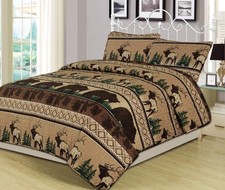 Bear Mountain 2-Piece Quilt Set Featuring Bear Elk Rustic Log Cabin Lodge, Ki...