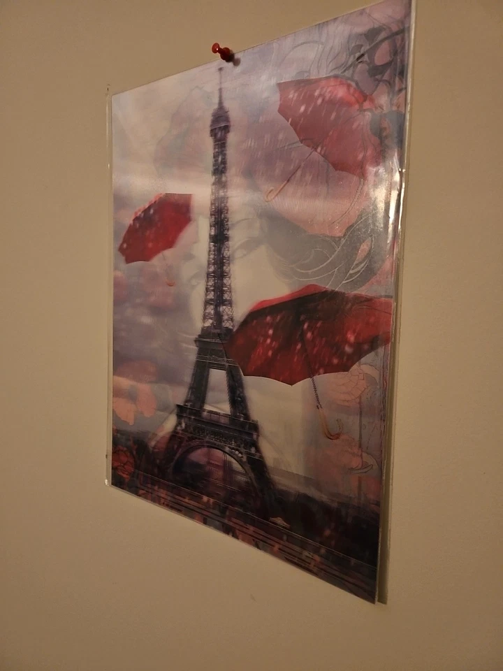 Torre Eiffel con paraguas rojos, niña rosa, arte de pared cambiante de ángulo 3d. Foto 2 de 4