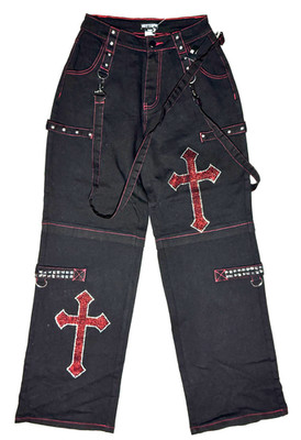 NWT Hot Topic Black & Red Cross Stud Suspender Wide Leg Pants Junior Size 3 NWOT