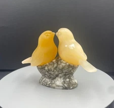 Vintage Stone Carved Orange Sparrows Sculpture, Cute Birds, Rustic Folk Art