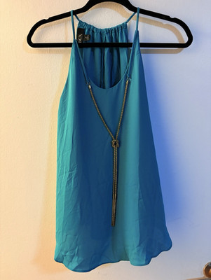 Women s BCX Blouse Tank Top M Blue Solid Halter Sleeveless Chain Accent