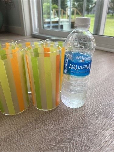 8 Tumblers Yellow,@ Green Orange Striped 6” Plastic Summer Frosted - Picture 3 of 3
