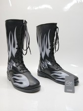 Handmade Leather Pro Wrestling Boots Black Lace-Up with Zipper Grey Fire Custom