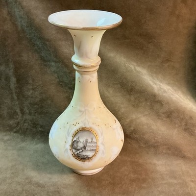 Victorian German milk white glass vase hand painted cameo design design building