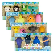 BAZIC 3D Wildlife Mini Animal Erasers – 4 Random Pcs, Party & Classroom Favors