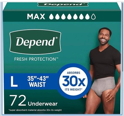 Depend Fresh Protection Adult Underwear for Men Gray, Large, Max 30X, 72 Count