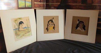 3 Vintage Native American Girls Chris Jefferson Native American Art Silk Screen 