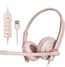 Computer USB Headset Wired Headphones, Pinkwith Microphone for PC Laptop 