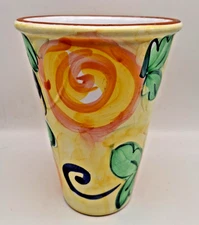 Ceramic Vase 8" Hand Painted Yellow & Orange Abstract Flowers (Himark Portugal?)