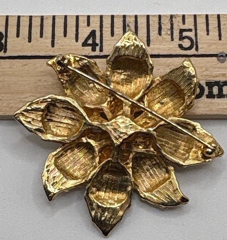 Vintage Poinsettia Flower Brooch Pin Cream Pink Enamel Gold Tone Rhinestones 2" - Image 3 of 4