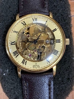 GROVANA Swiss Skeleton Manual Watch Used Accurate Mechanical Collectible