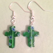 GREEN with BLUE MILLEFIORI CROSS EARRINGS with Sterling Silver Ear Wires or GP
