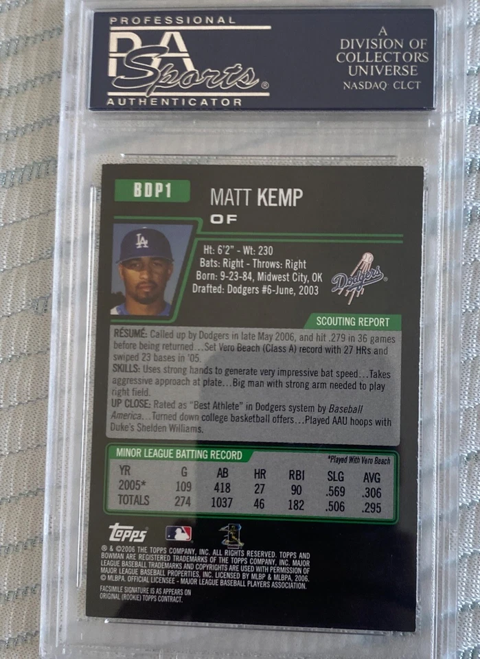 Matt Kemp Signed 2006 Bowman Draft Picks Rookie Card RC Auto PSA - Image 2 of 2