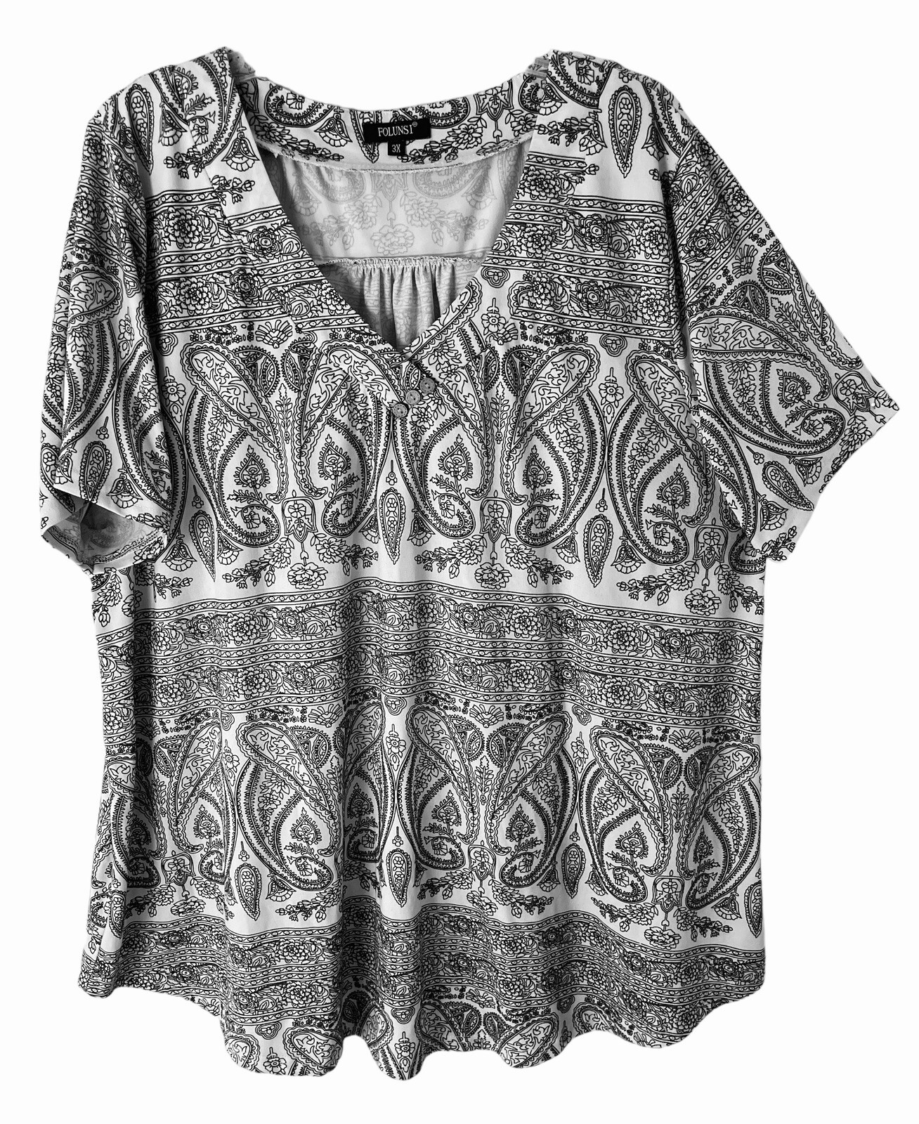 Folunsi 3X Top Soft Stretch Knit Flowy Paisley Print Tunic V-Neck Short Sleeves