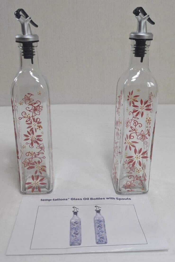 Temptations Set of 2 Glass Oil Bottles w/ Spouts RED Printed Floral Design 17oz