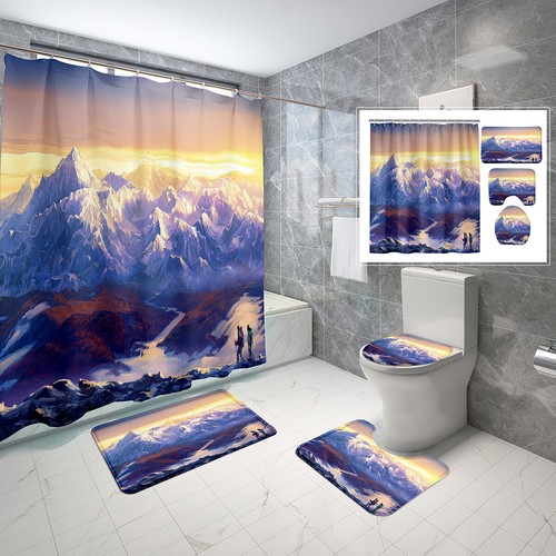 Sun Snow Mountain Shower Curtain Non-Slip Bath Mat Toilet Lid Cover Bathroom Rug - Picture 10 of 41