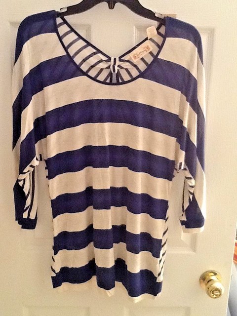 NWT Red Camel Blue/Ivory Striped 3/4 Sleeve Knit Top Large | eBay