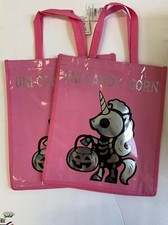 lot of 2 Halloween Tote Trick or treat Candy bag 11" x 14" pink unicorn reflect