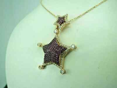 3Ct Round Ruby & Diamonds Double Star Pendant 14K Yellow Gold Finish Free Chain
