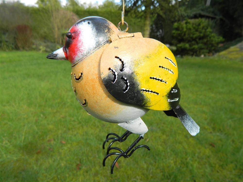 Metal Goldfinch Garden Ornament Hanging Bird Tea light Holder Metal - Goldfinch