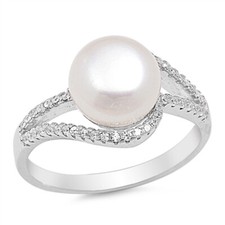 Women 12mm 925 Sterling Silver Freshwater Cultured Pearl CZ Bypass Ladies Ring