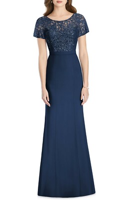 JENNY PACKHAM JP1010 Midnight Navy Blue Sequin Lace Flutter Sleeve Maxi Gown 16