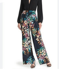 Joseph Ribkoff Pull On Elastic Waist Wide Leg Pants in Marine/ Multi Leaf Sz 18