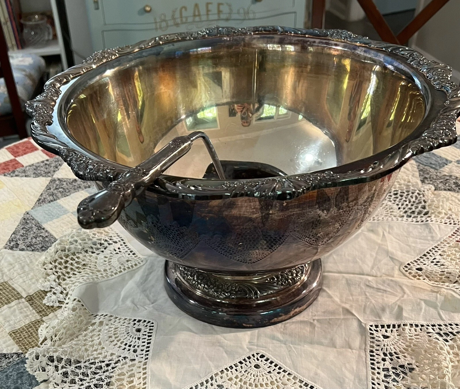 Antique Vintage 1847 Rogers Bros Heritage Pattern Silver Punch Bowl W/Ladle 9445