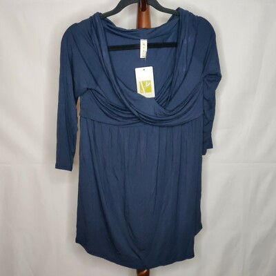 NEW MTS women's size L tunic navy collar v-neck 3/4 sleeve gathered front