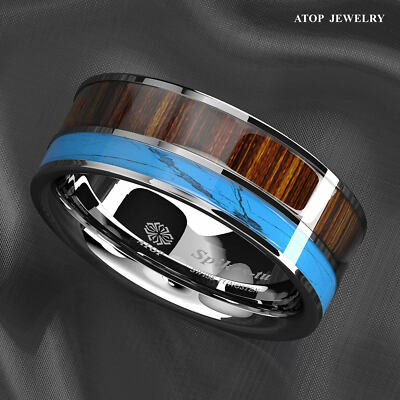 8mm Tungsten Men's Ring Silver Turquoise & Koa Wood Wedding Band ATOP Jewelry