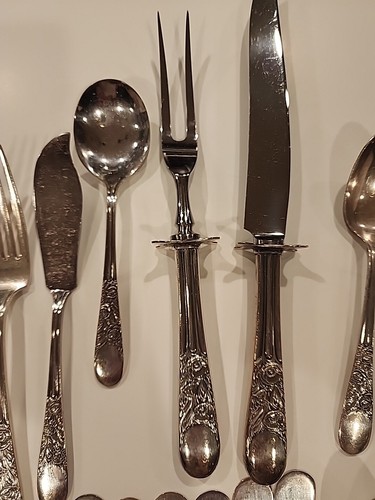 Servizio posate vintage Wallace piatto nove fiori argento per 6 + hostess - Foto 4 di 16